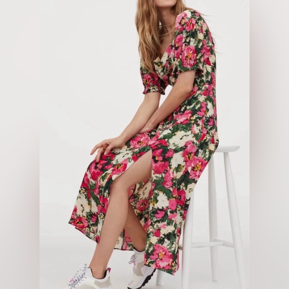 H&M Floral Pink & Green Vintage Dress with Side Split